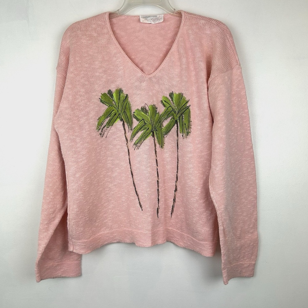 Vintage Tropical Sweater Women Large Painted Palm Tree Pink Vacation Cruise Read